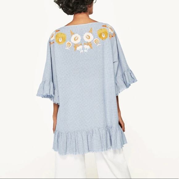 Zara Woman White Blue Gingham Check Print Floral Embroidered Tunic Top SZ Medium - Picture 11 of 11